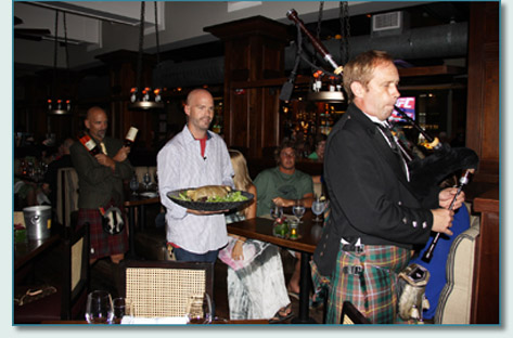 Roger McKinley piping in the Haggis, with Eric Waddell and Bud Clark, at Fleetwoods on Front St, Lahaina, Maui. Jan 25th 2013