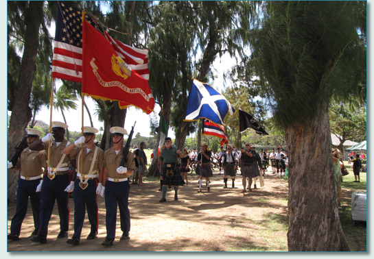 Parade of the Color Guard, Massed Pipe Bands and the Scottish Clans at the 29th Annual Hawaiian Scottish Festival & Highland Games, Waikiki 2010
