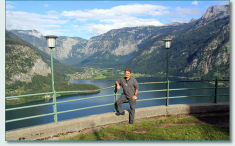 Hamish Burgess with a view of Obertraun from Hallstatt upper valley