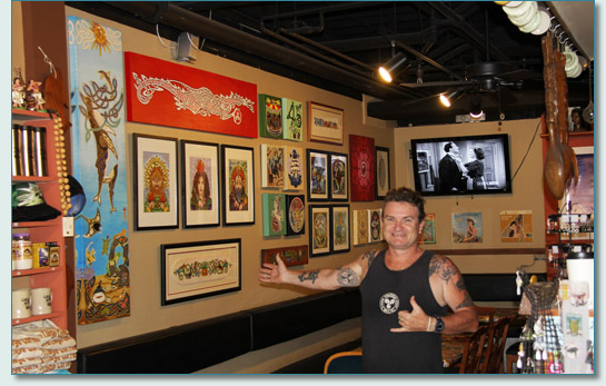 Hamish Burgess with his Celtic art at Hawaiian Village Coffee, Kahana, Maui, May 2013