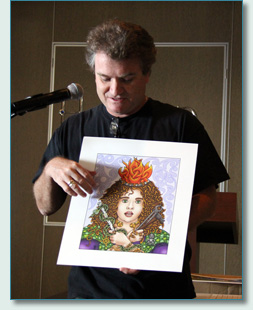 Hamish Burgess with his art "Brigid" at his Celtic Mythology Talk on the Irish Music Cruise 2012