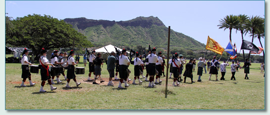 Celtic Pipes & Drums of Hawaii and guests on Parade at 31st Hawaiian Scottish Festival Kapiolani Park, Waikiki
