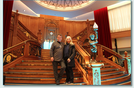 Hamish Burgess and Jennifer Fahrni on the reconsructed Titanic main stairs at the Titanic Belfast Centre