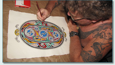 Hamish Burgess painting his 'Lindisfarne Spirals' reproduction, Maui 2009