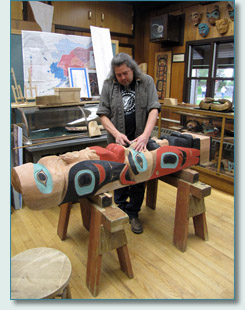 Tlingit artist Tommy Joseph in his studio at Totems National Park, Sitka, Alaska