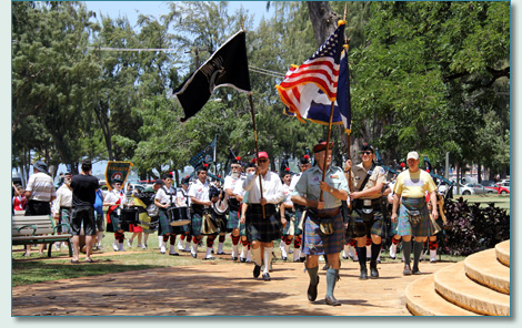 Celtic Pipes & Drums of Hawaii and Flags at the opening parade of the Hawaiian Scottish Festival 2012