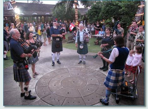 Pipers of the Celtic Pipes & Drums of Hawaii and Lisa Gomes at the Taste of Scotland Ceilidh, Willows, Honolulu, April 2011