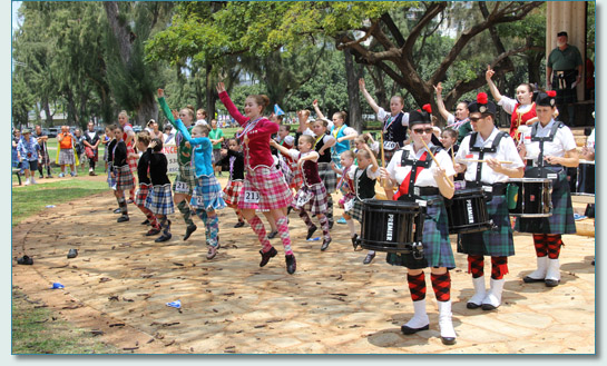 Highland Dancers with The Celtic Pipes & Drums of Hawaii at the Opening Ceremonies of the 32nd Hawaiian Scottish Festival, Waikiki