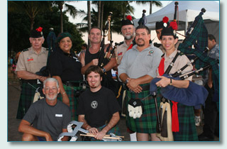 Hamish and Pete of Maui Celtic with members of the Celtic Pipes and Drums of Hawaii and the Hawaiian Scottish Association