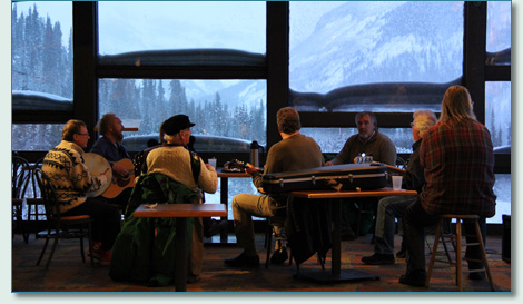 The Irish Rovers rehearsing in the Day Lodge, Sunshine Mountain, Banff