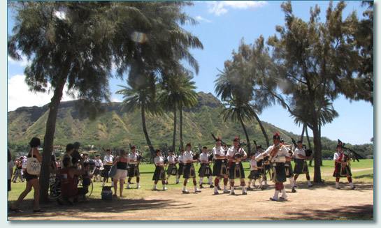 Massed Pipe Bands on parade at the Hawaiian Scottish Festival, April 2011